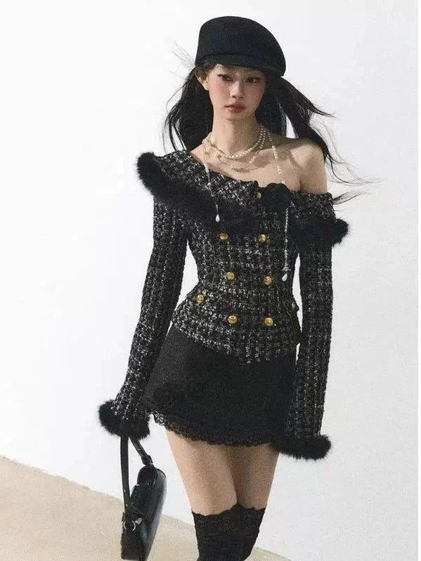 Off-shoulder long-sleeved cardigan jacket + skirt set f0308