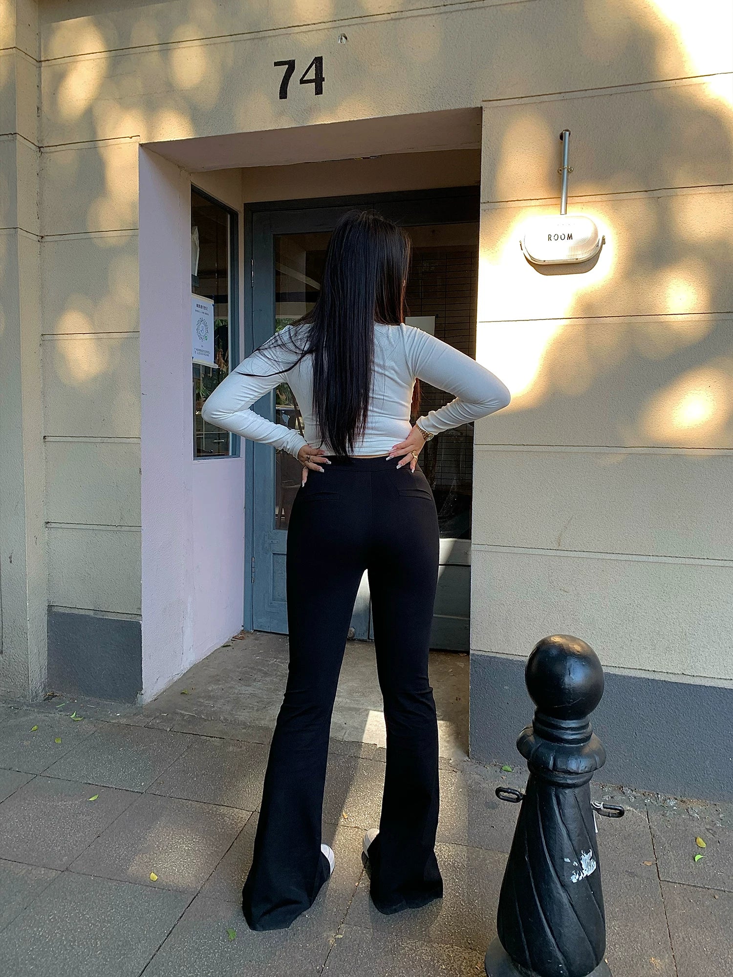 Black split-ended floor-mopping slacks FE0473