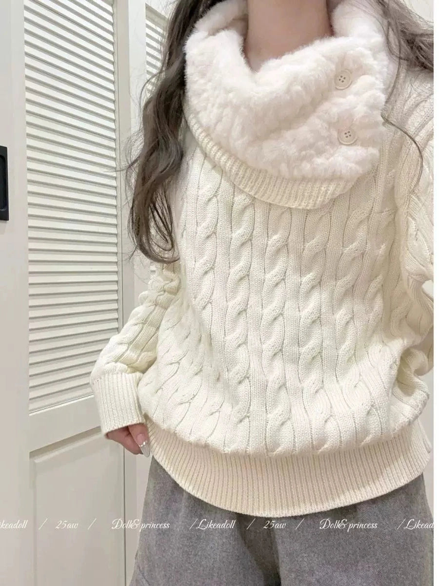 White lapel knit sweater f0276