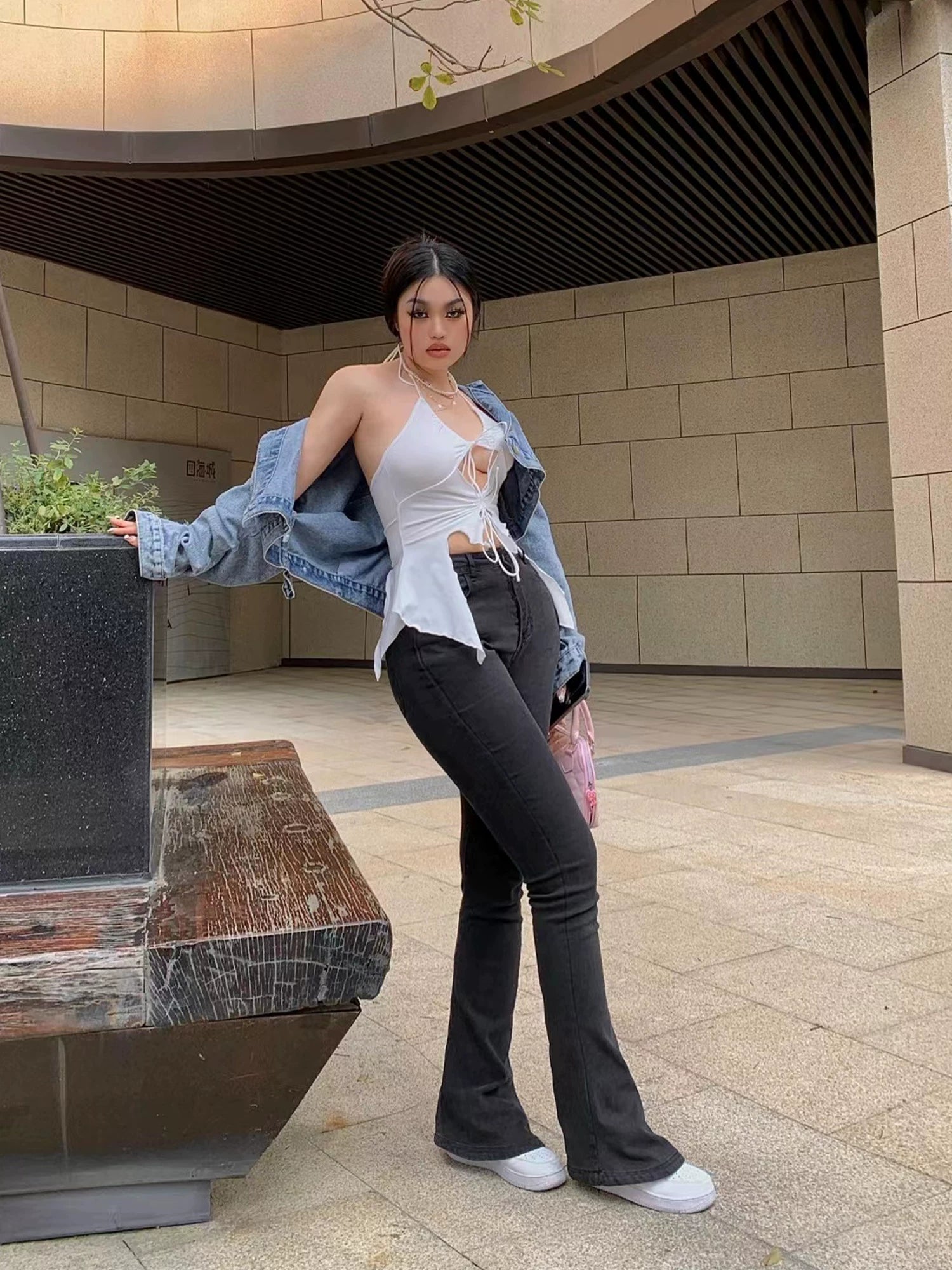 Black micro-flared jeans FE0466