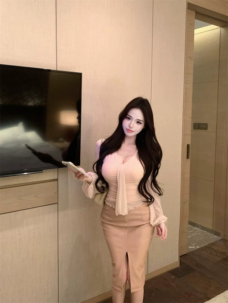 V-neck long-sleeved chiffon T-shirt pu leather belt split hip skirt three-piece set fe0514