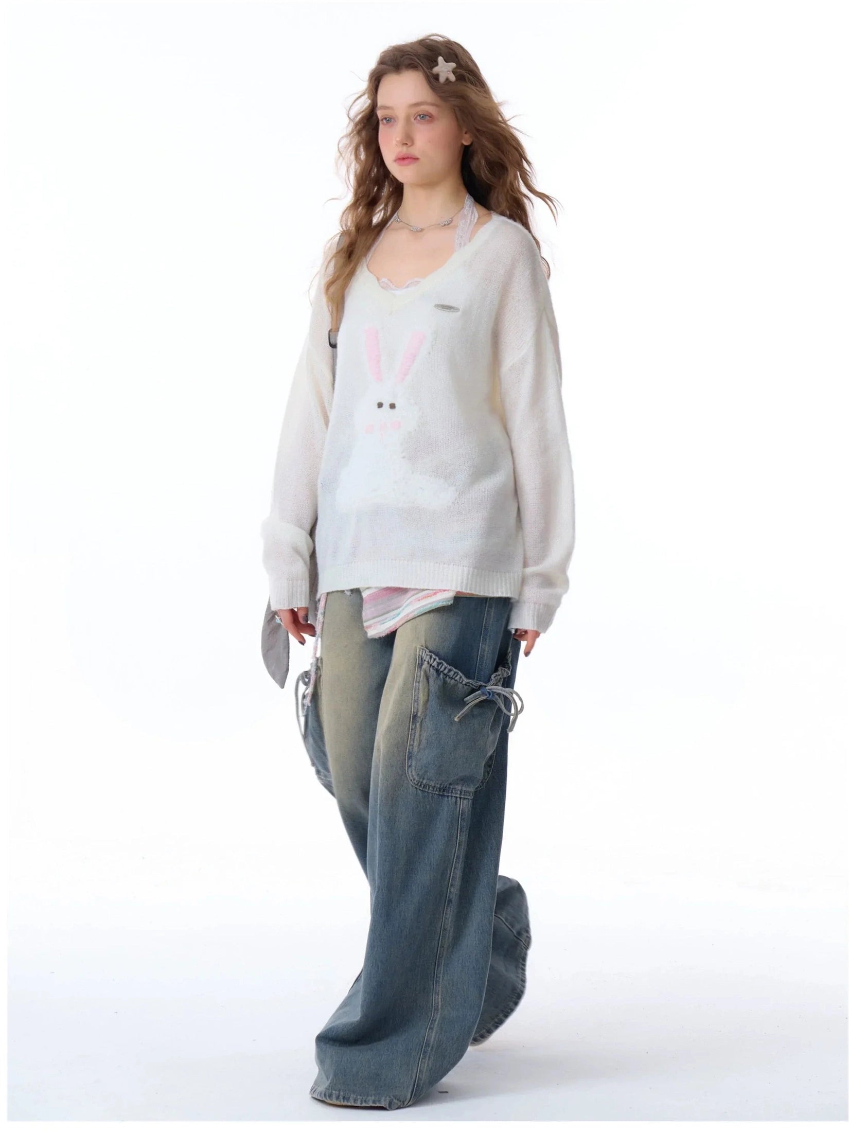 Ribbon-Tie High-Waist Wide-Leg Jeans  f0403