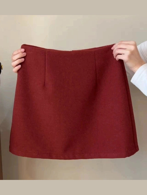 Red woolen A-line hip-hugging skirt C0220