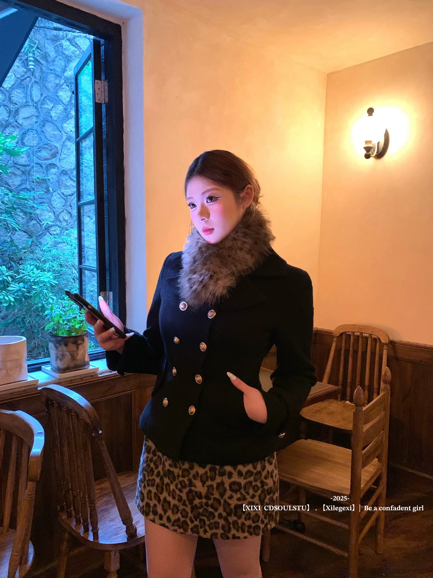 French vintage suit women's fur collar jacket  leopard print skirt FE0455