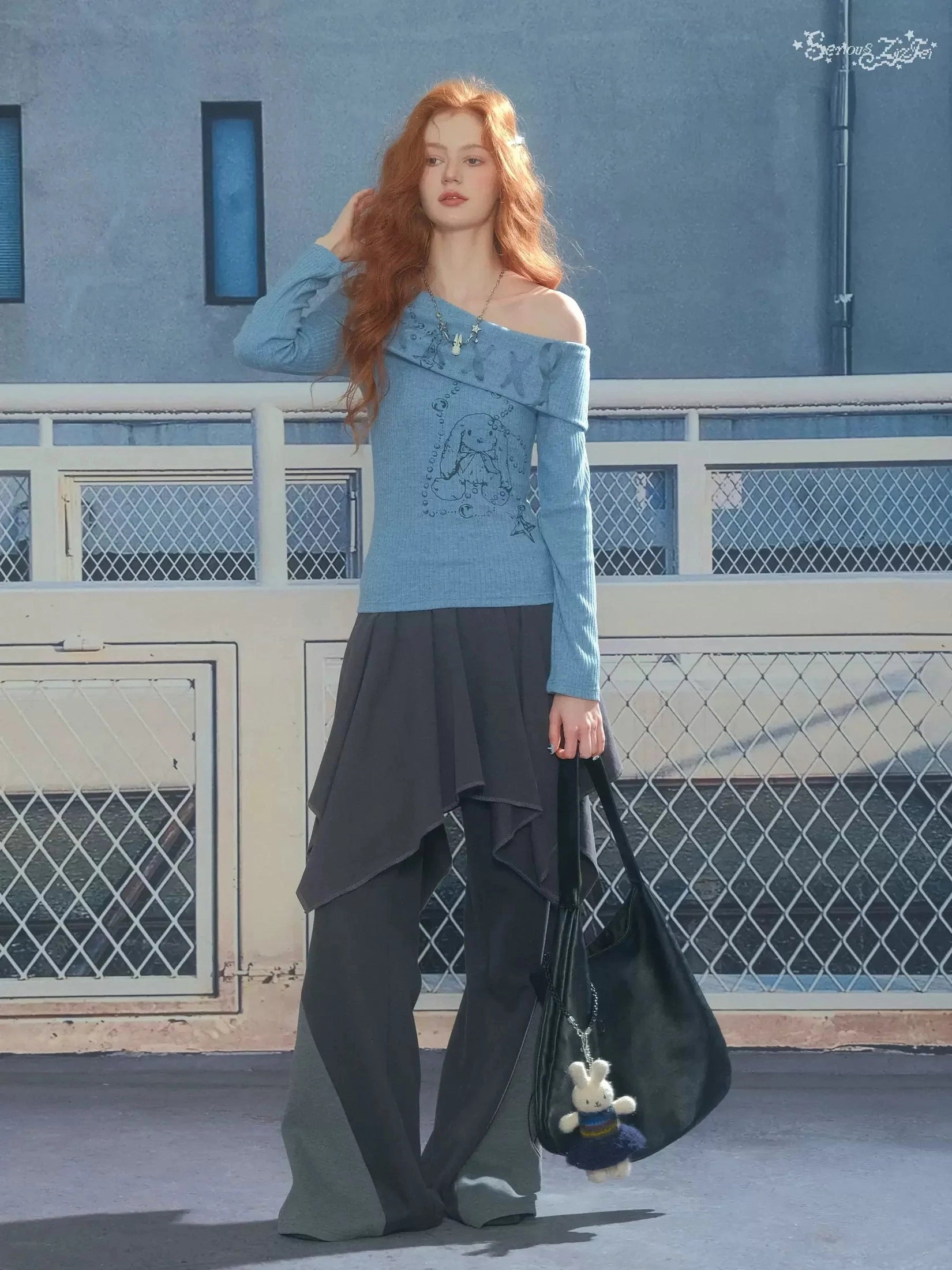 Bunny-Print Off-Shoulder Long Sleeve Top f0356