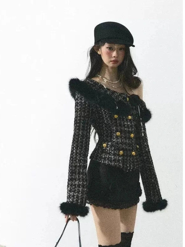 Off-shoulder long-sleeved cardigan jacket + skirt set f0308