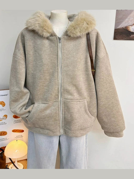 Sweet vintage fur collar hooded thickened coat f0269