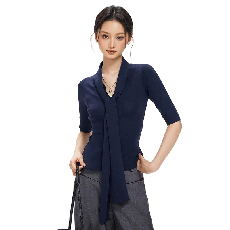 Ribbon design half-sleeve knitted sweater fe0519