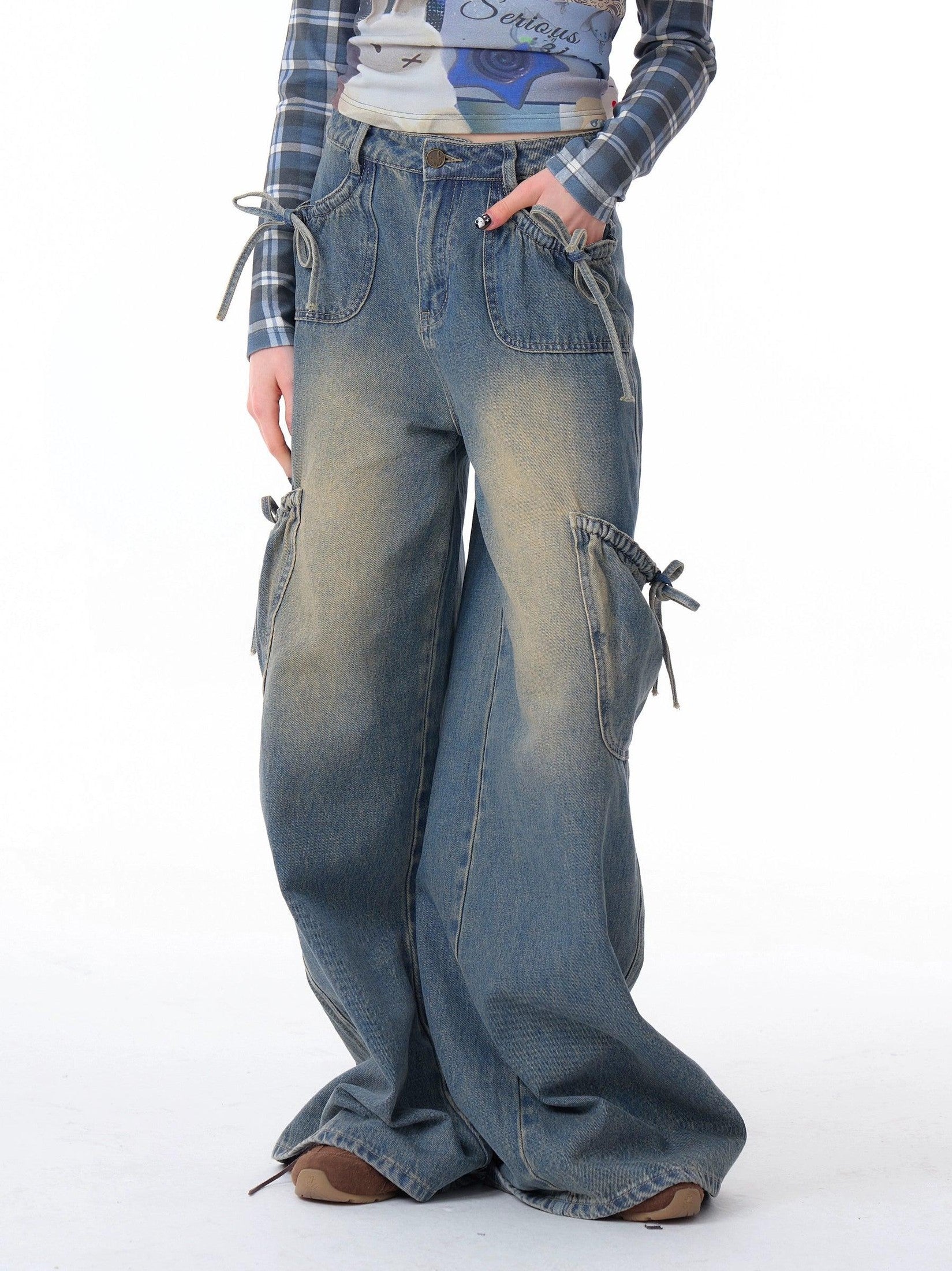 Ribbon-Tie High-Waist Wide-Leg Jeans  f0403