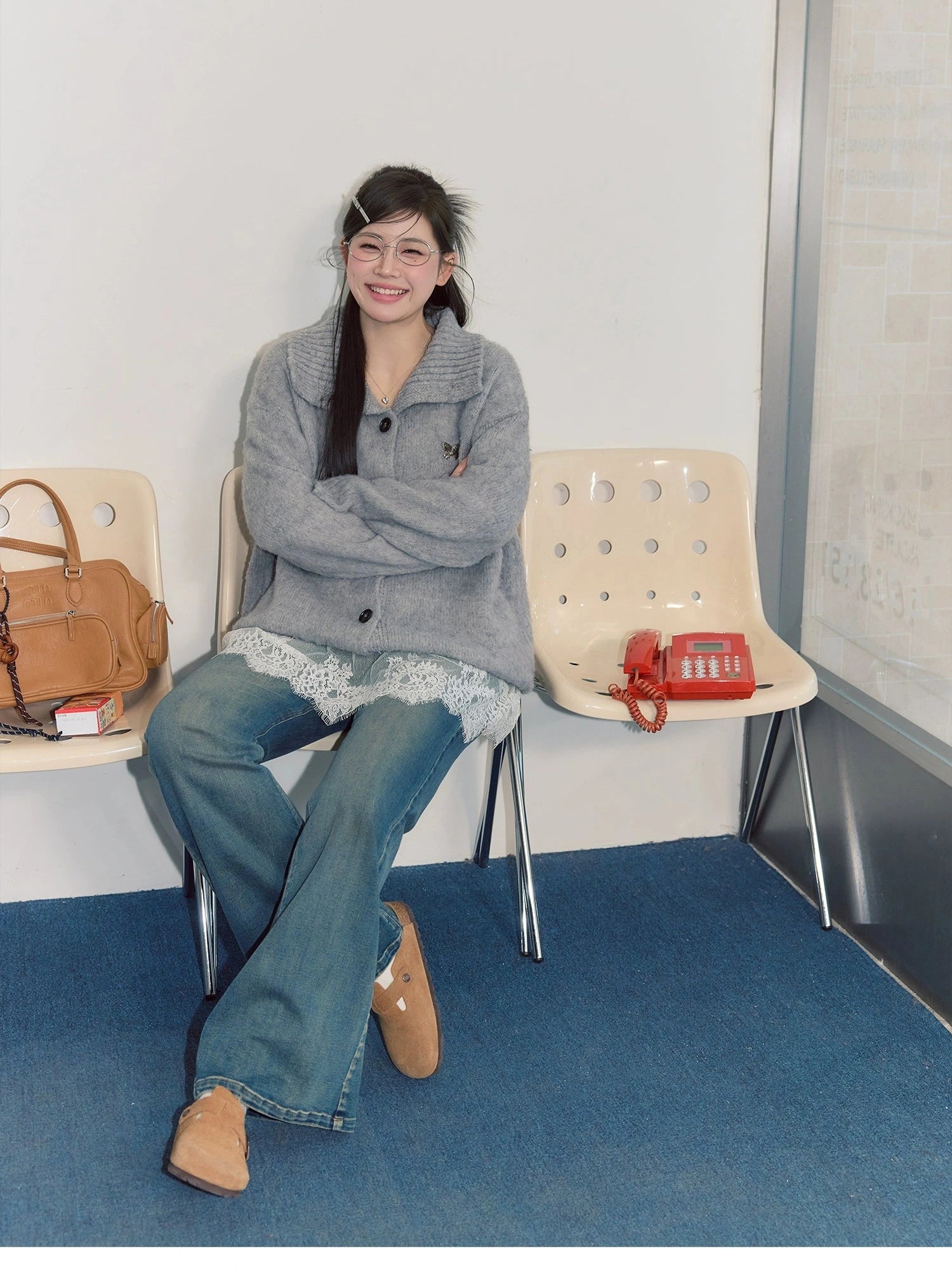 Korean blue denim micro-pull pants C0228