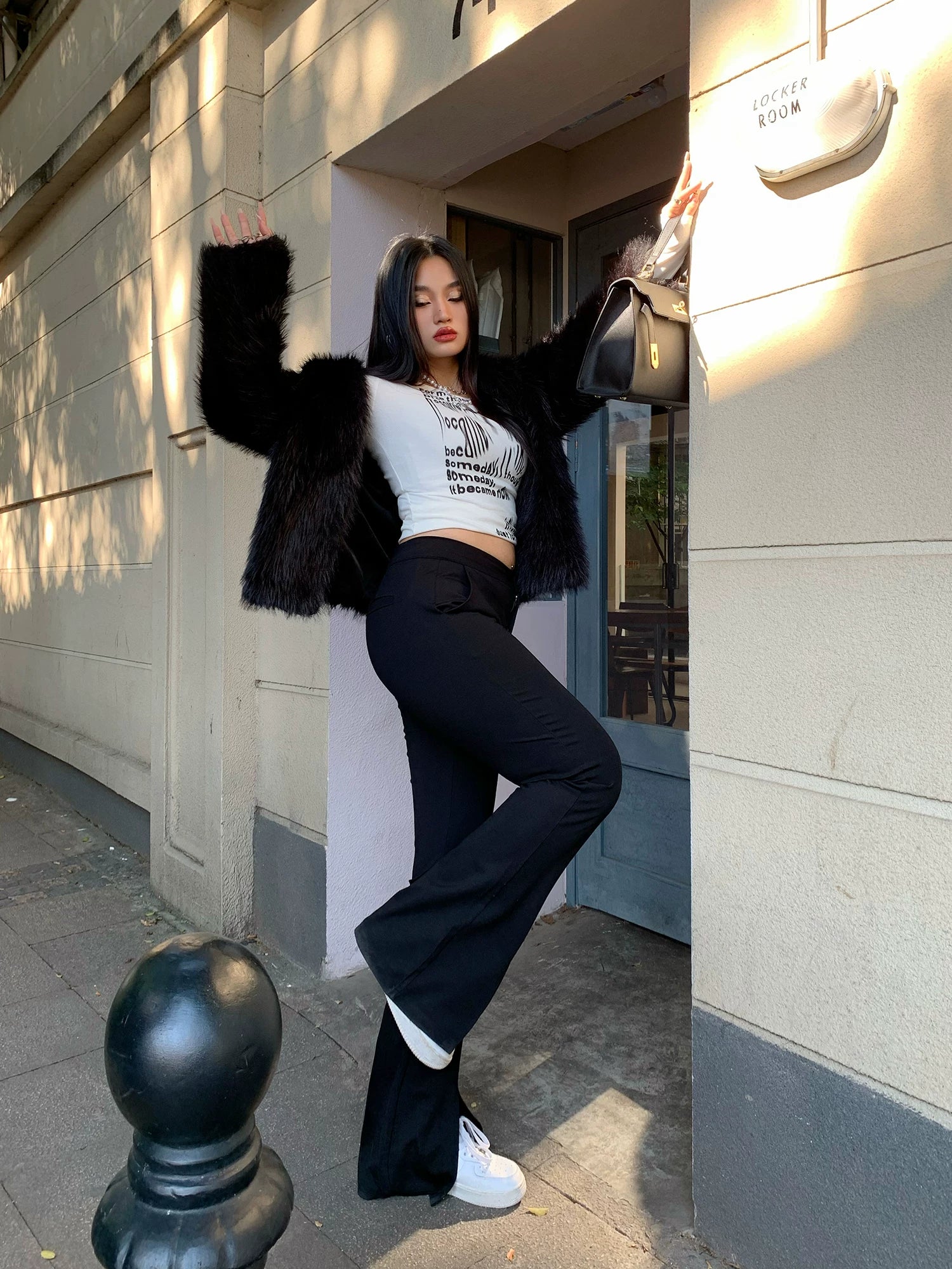 Black split-ended floor-mopping slacks FE0473