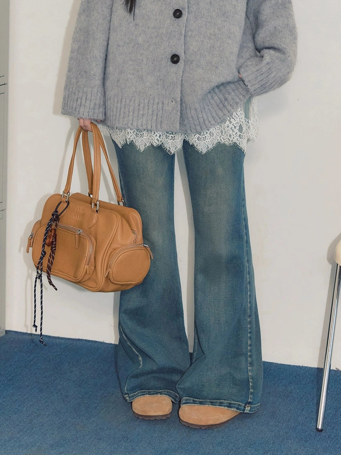 Korean blue denim micro-pull pants C0228