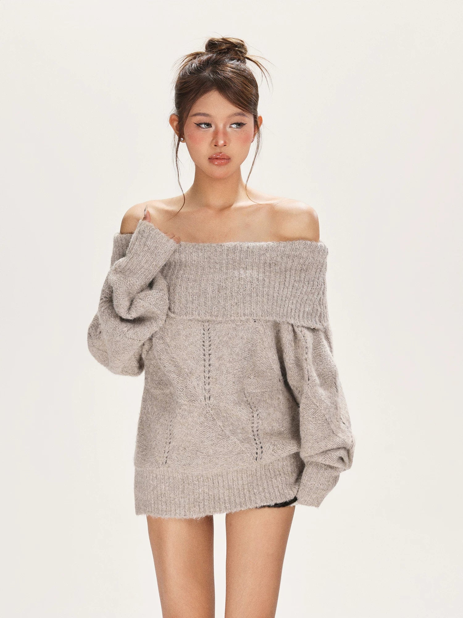 One-word shoulder knitted sweater off-the-shoulder sweater f0306