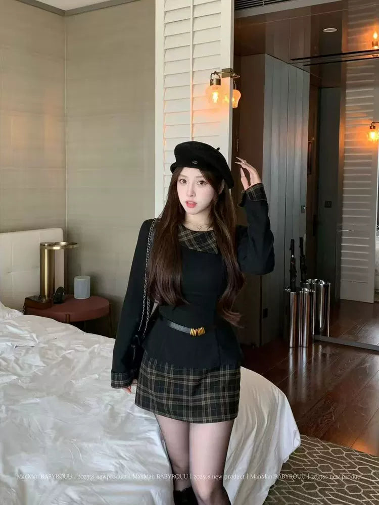 French temperament women's plaid splicing set FE0517