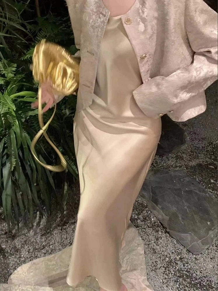 Champagne satin dress C0245