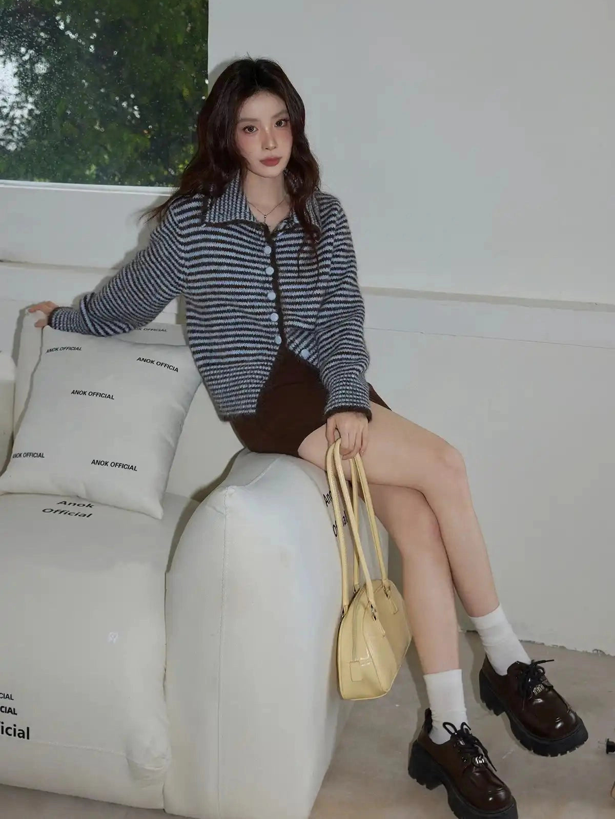 Brown Collared Knit Top  f0344