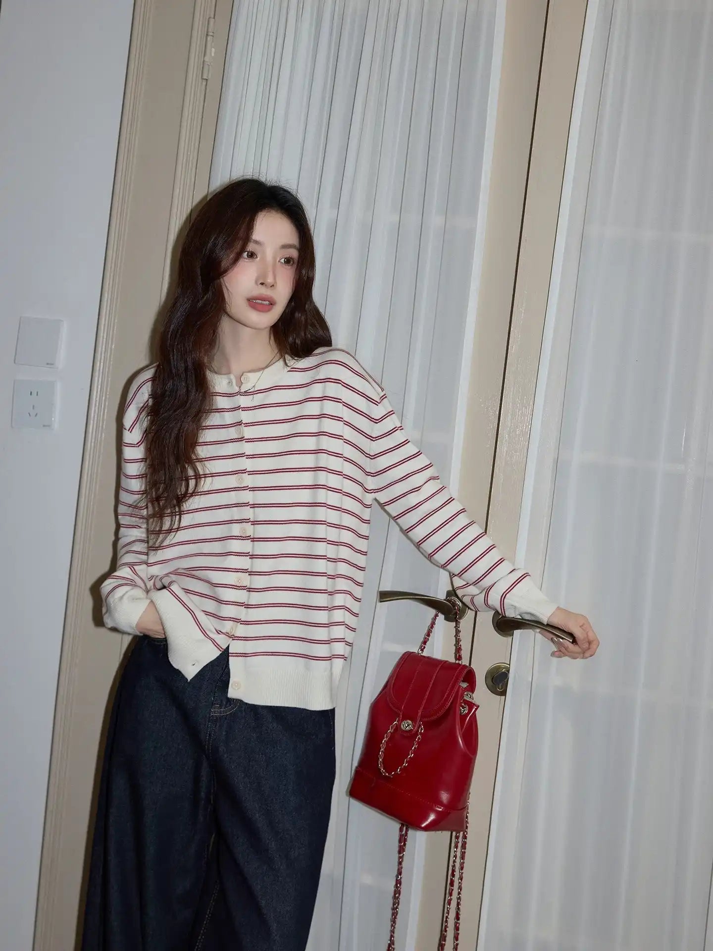 Red Stripe Knit Cardigan  f0341
