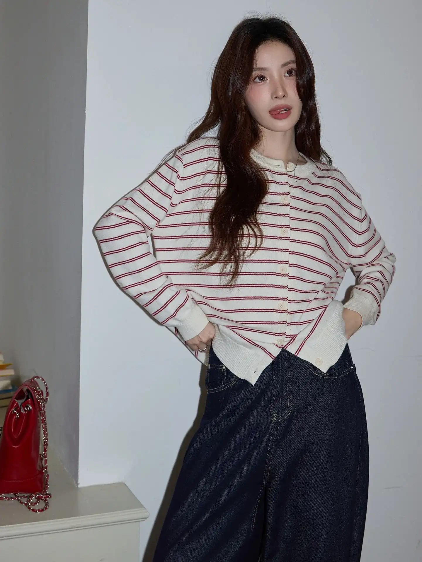 Red Stripe Knit Cardigan  f0341