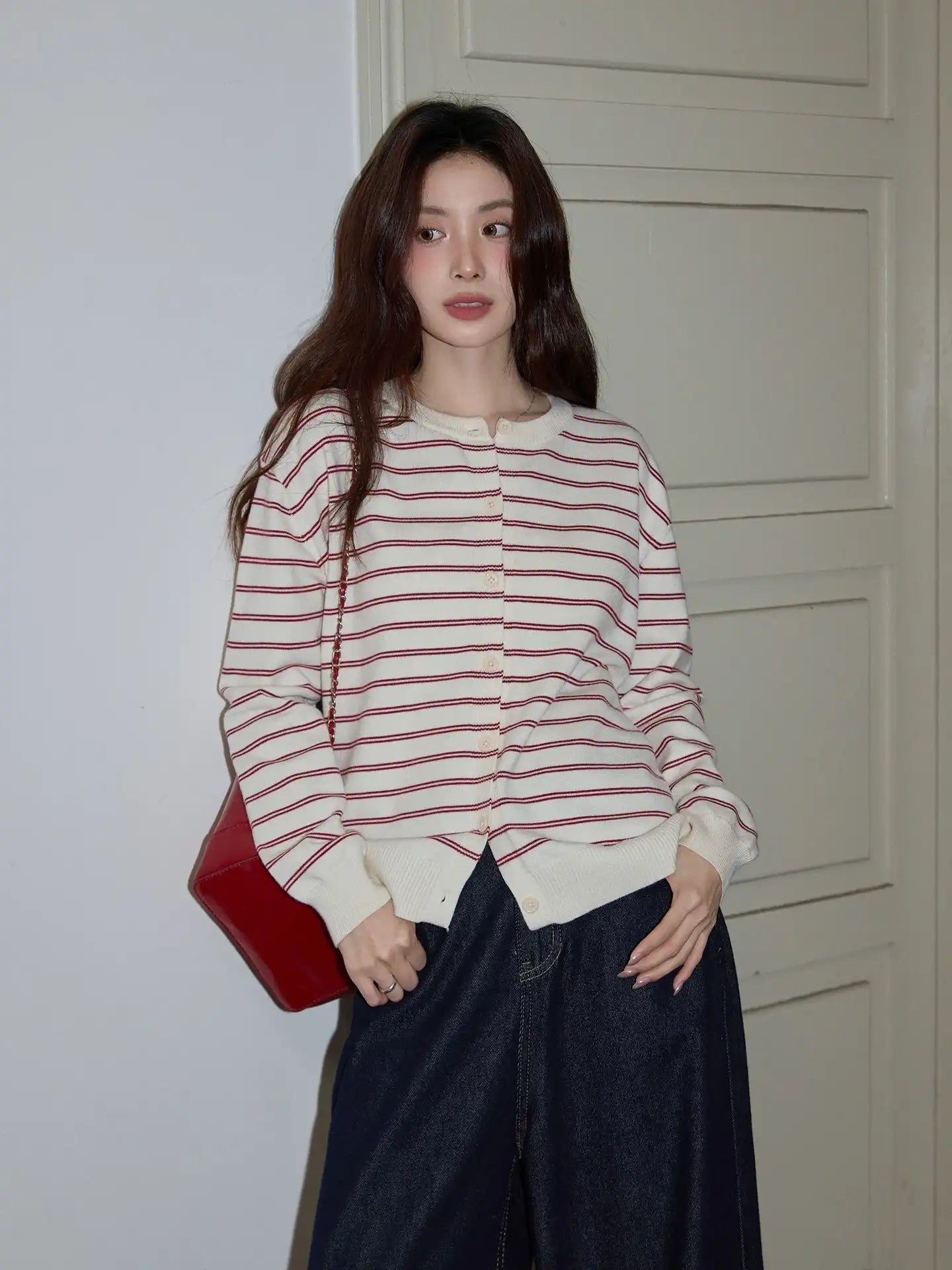 Red Stripe Knit Cardigan  f0341