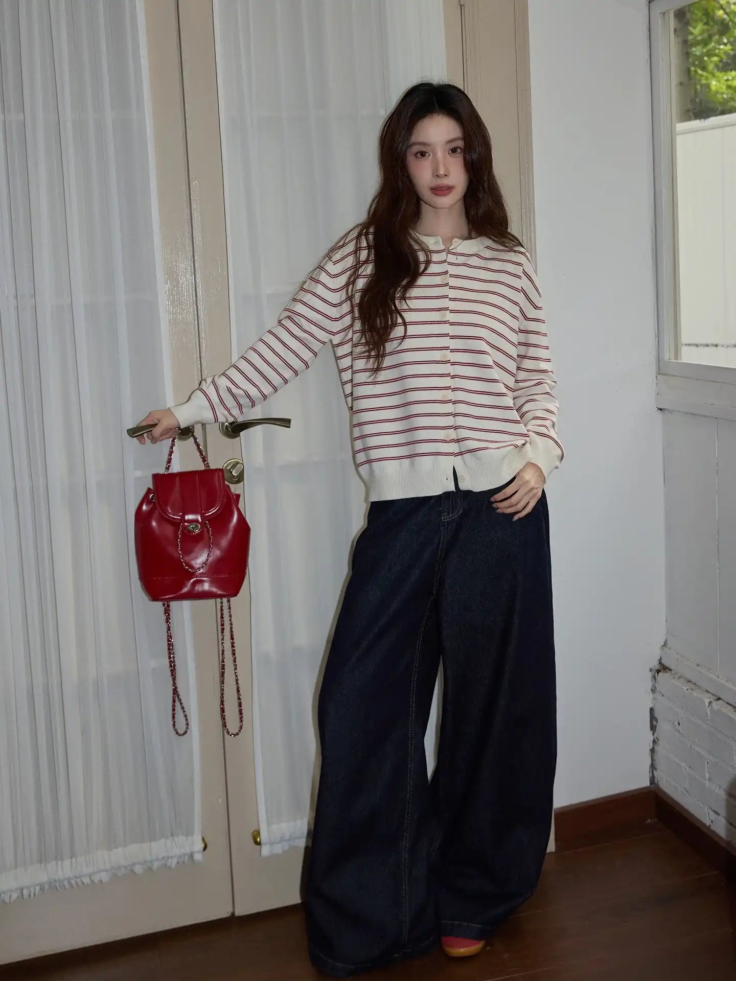 Red Stripe Knit Cardigan  f0341