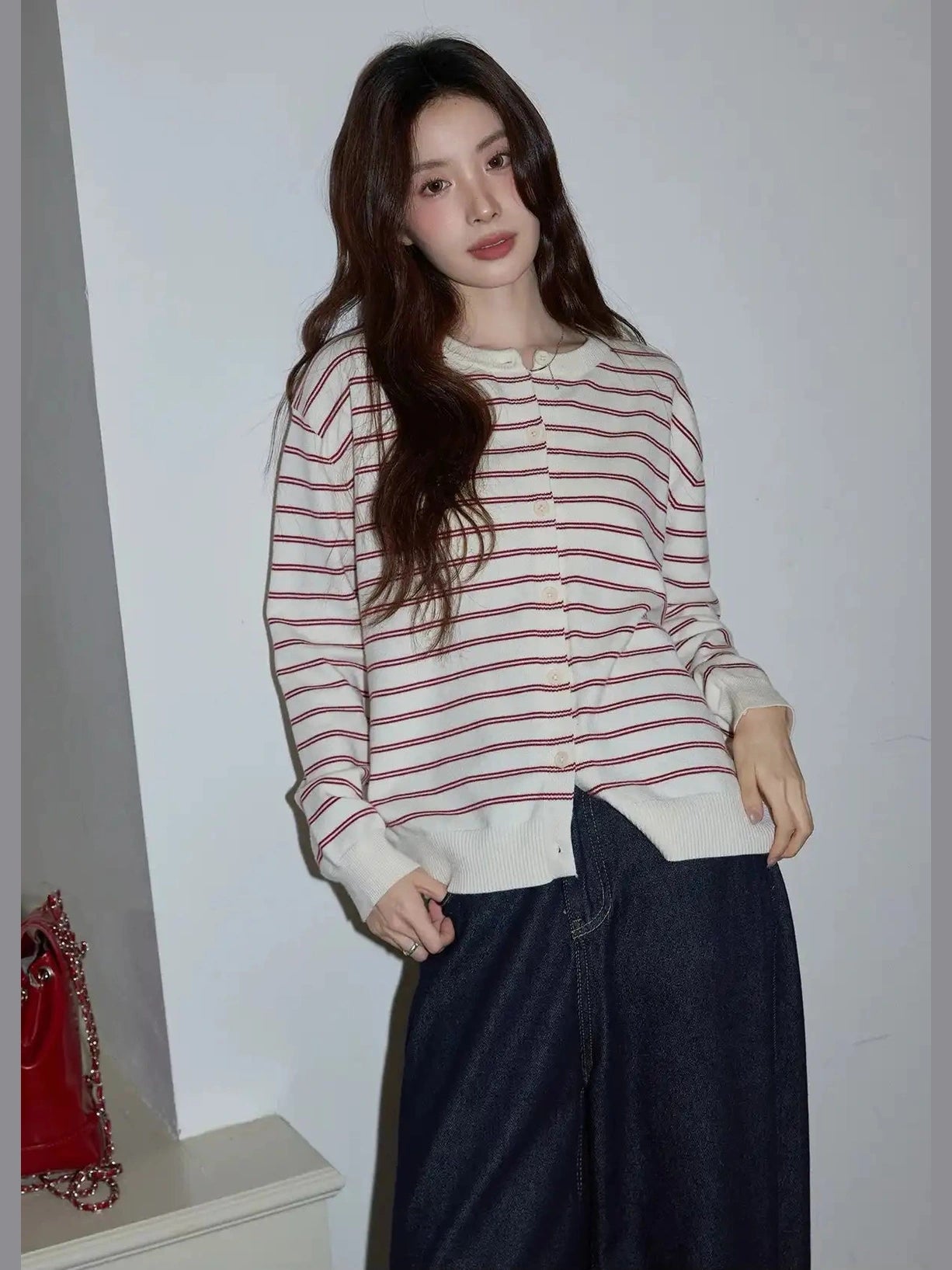 Red Stripe Knit Cardigan  f0341