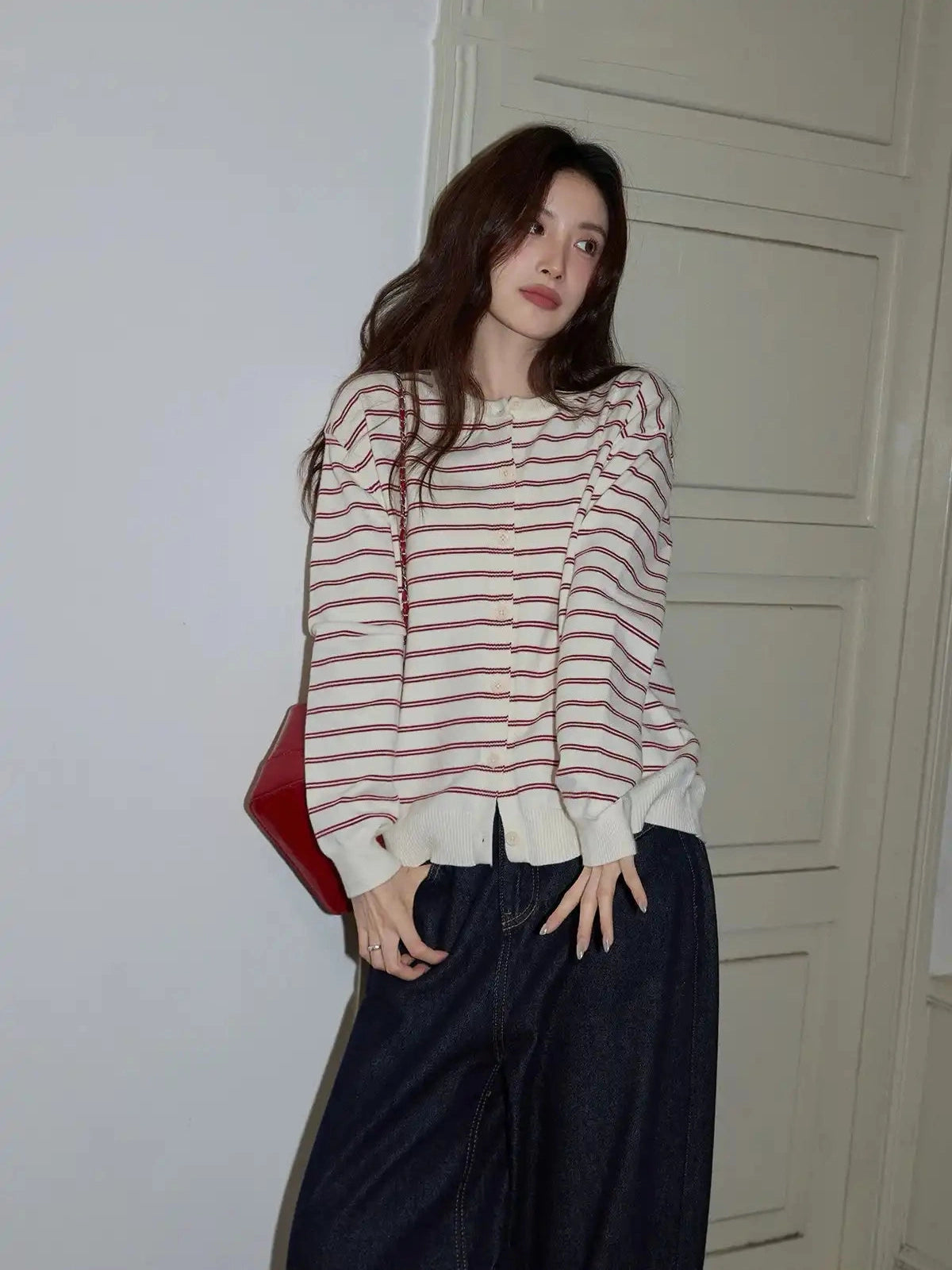 Red Stripe Knit Cardigan  f0341