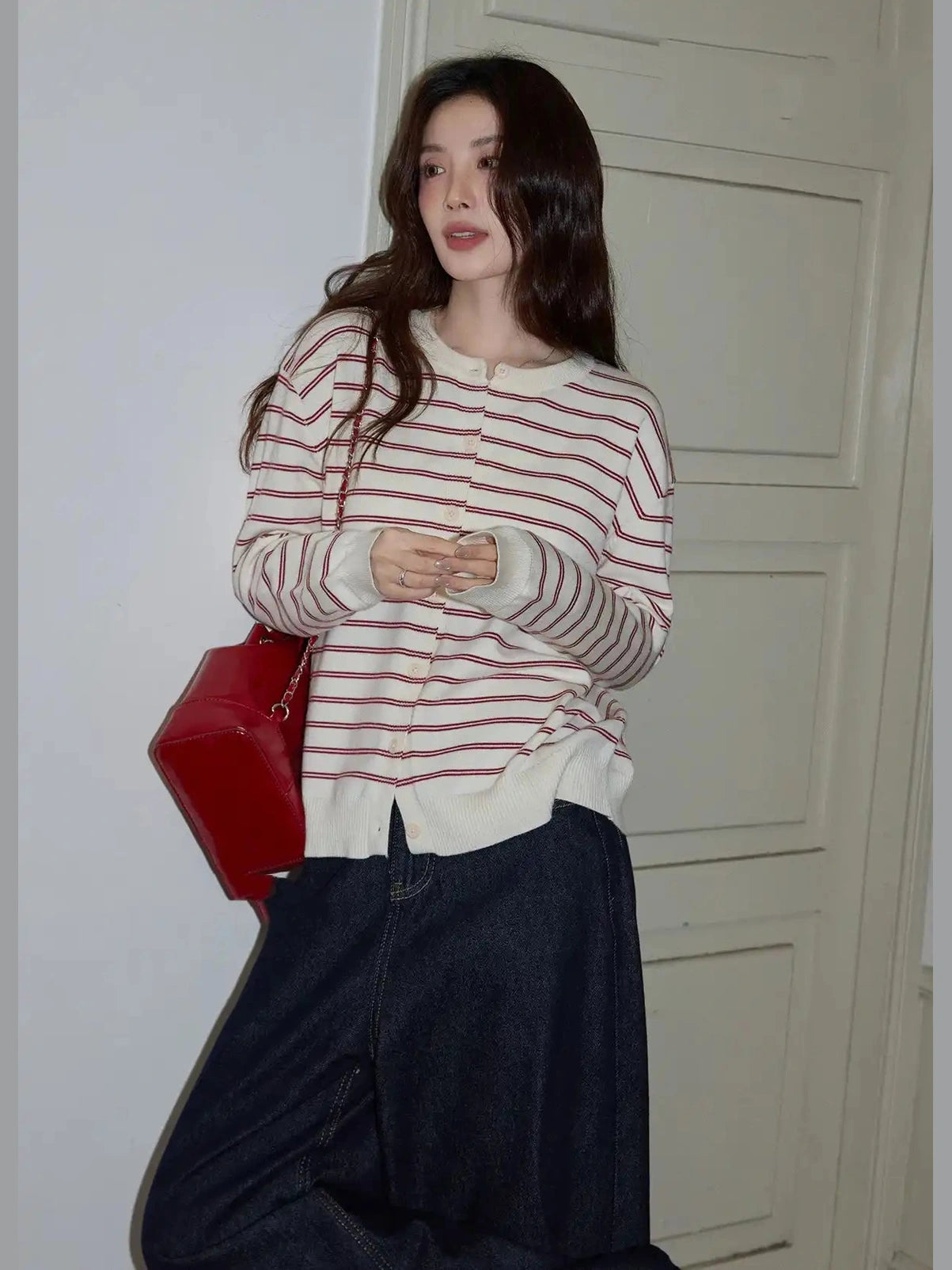 Red Stripe Knit Cardigan  f0341