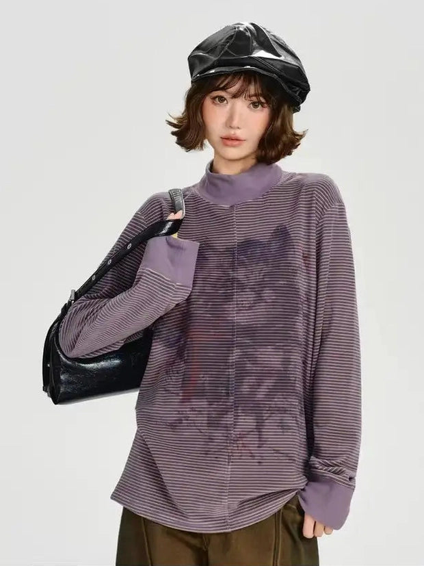 Vintage-Style Printed High-Neck Long Tee   f0394