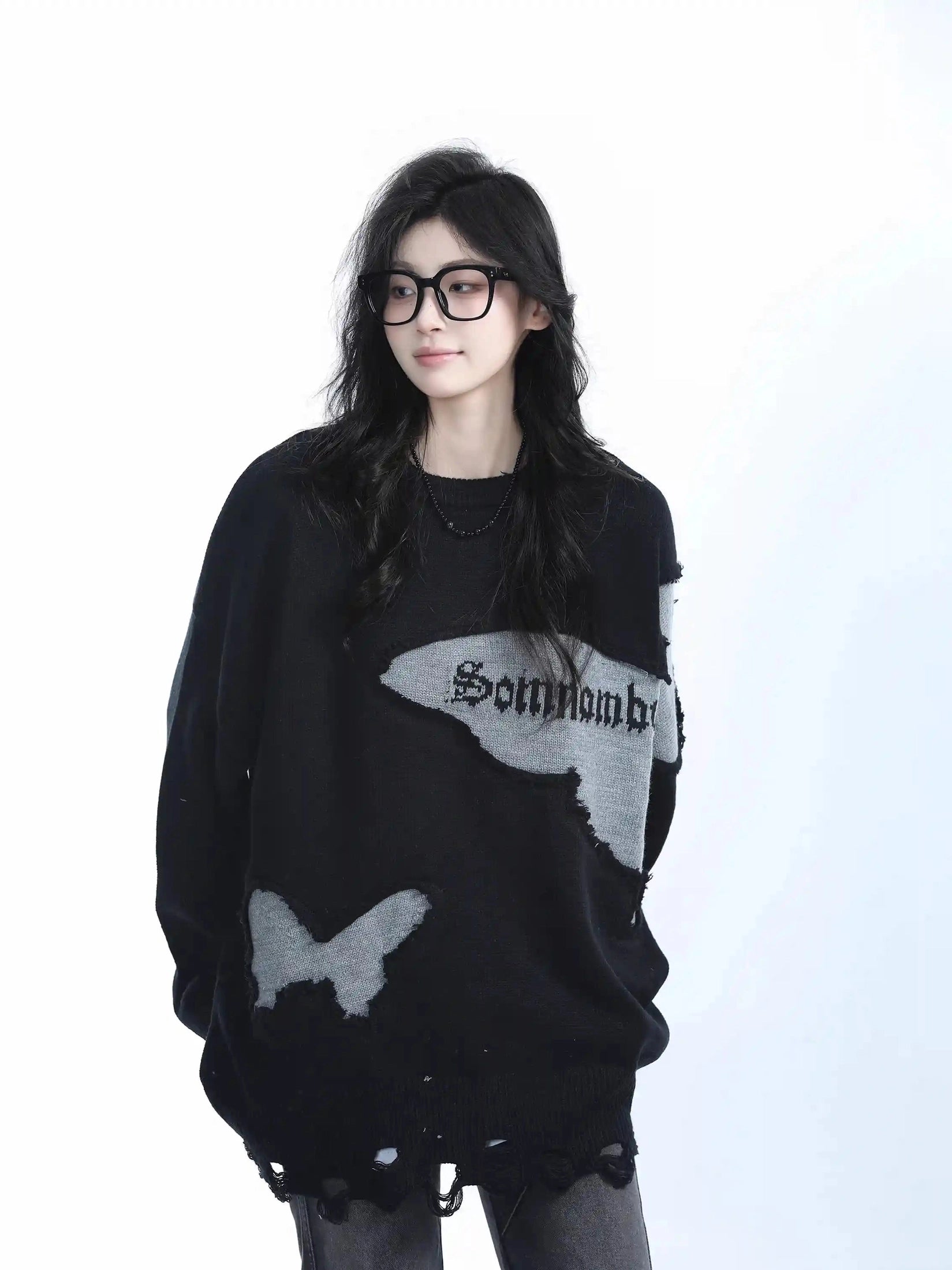 Distressed Butterfly Knit Sweater  f0370