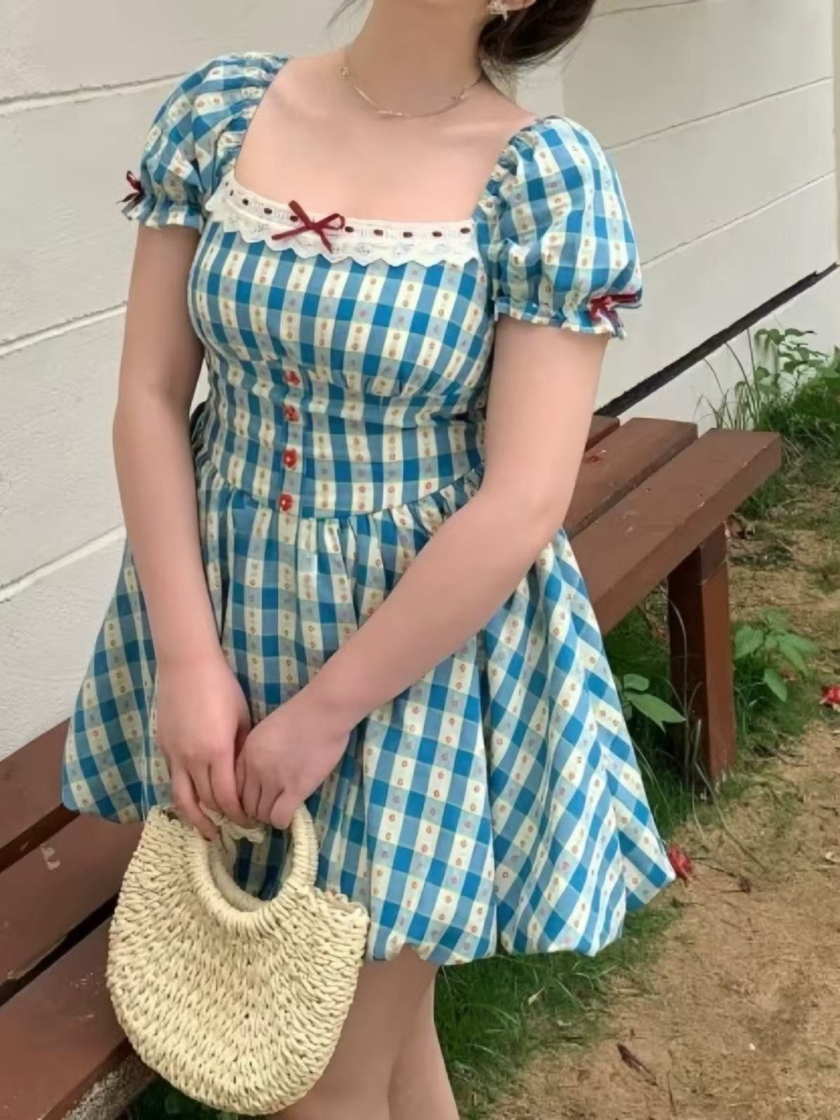 crushpeach cottagecore cloud puffy blue& white  plaid mini dress