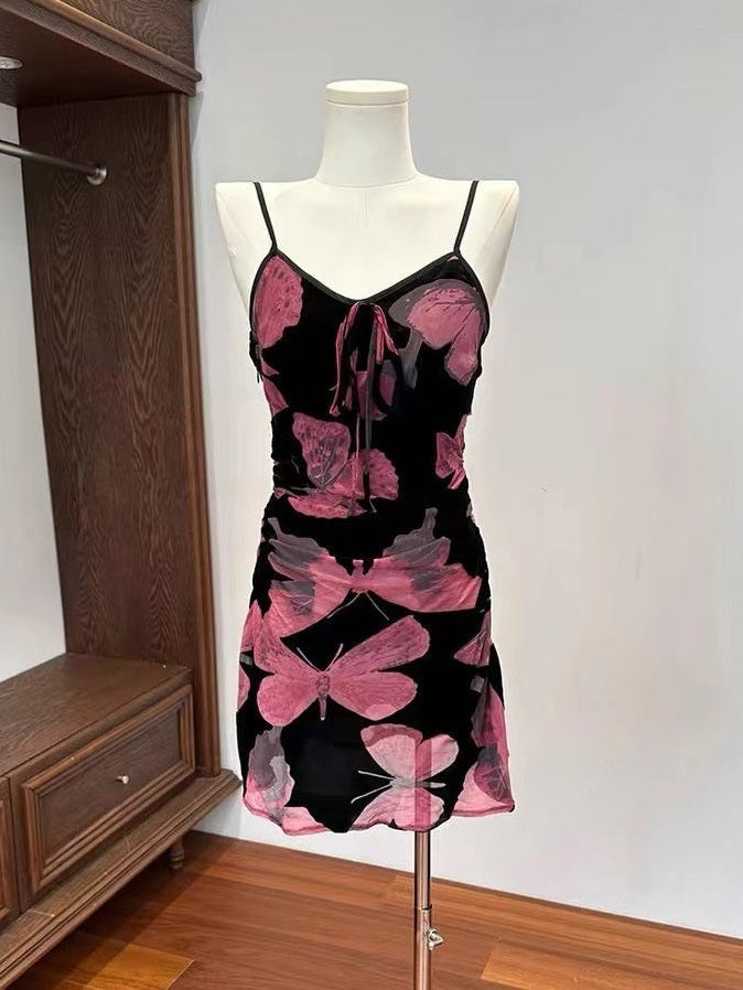 CRUSHPEACH Mesh Purple Butterfly Print Halter Dress-SHORT