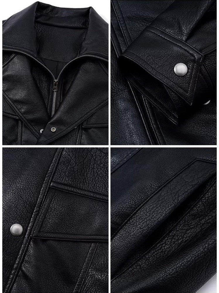 Silhouette zipper double neck locomotive leather jacket f0259