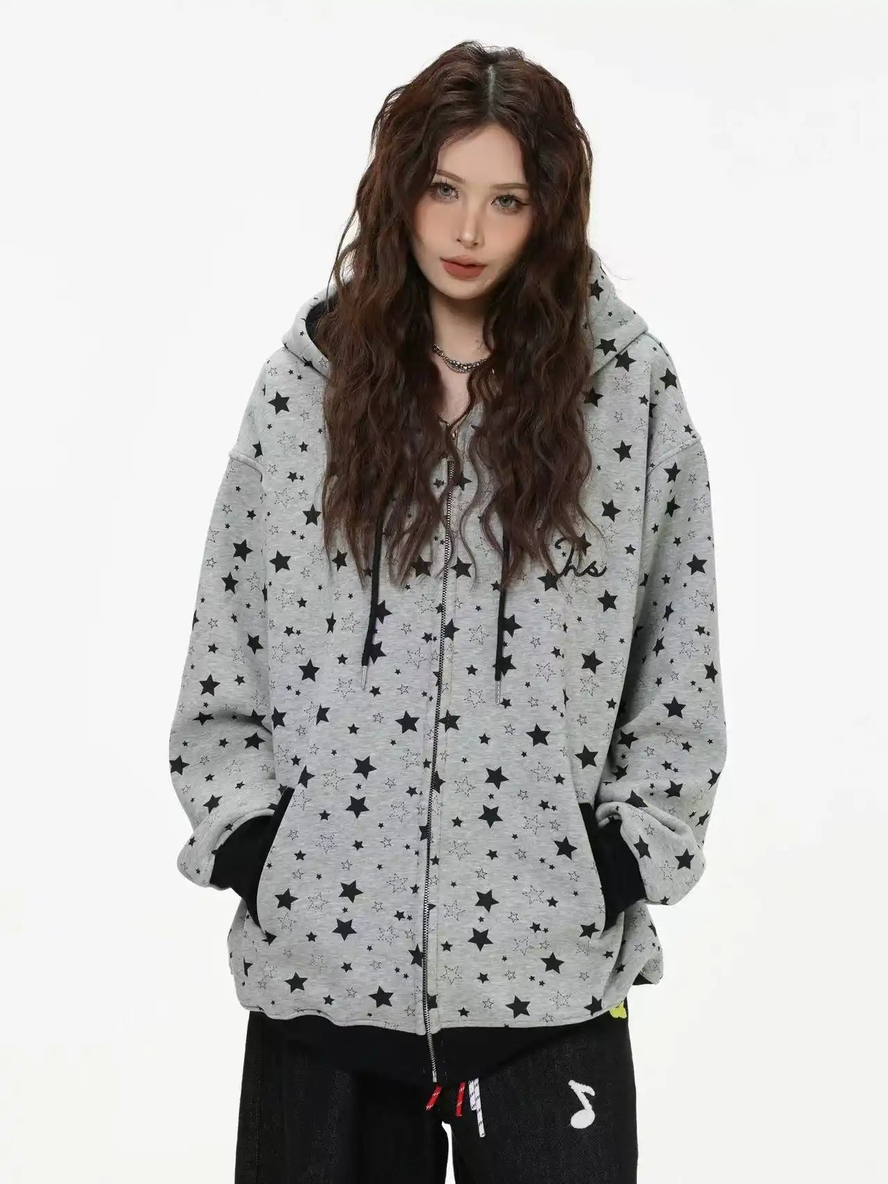 Vintage Star Print Fleece Zip Hoodie  f0363