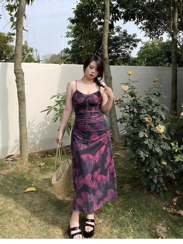 CRUSHPEACH Mesh Purple Butterfly Print Halter Dress-LONG