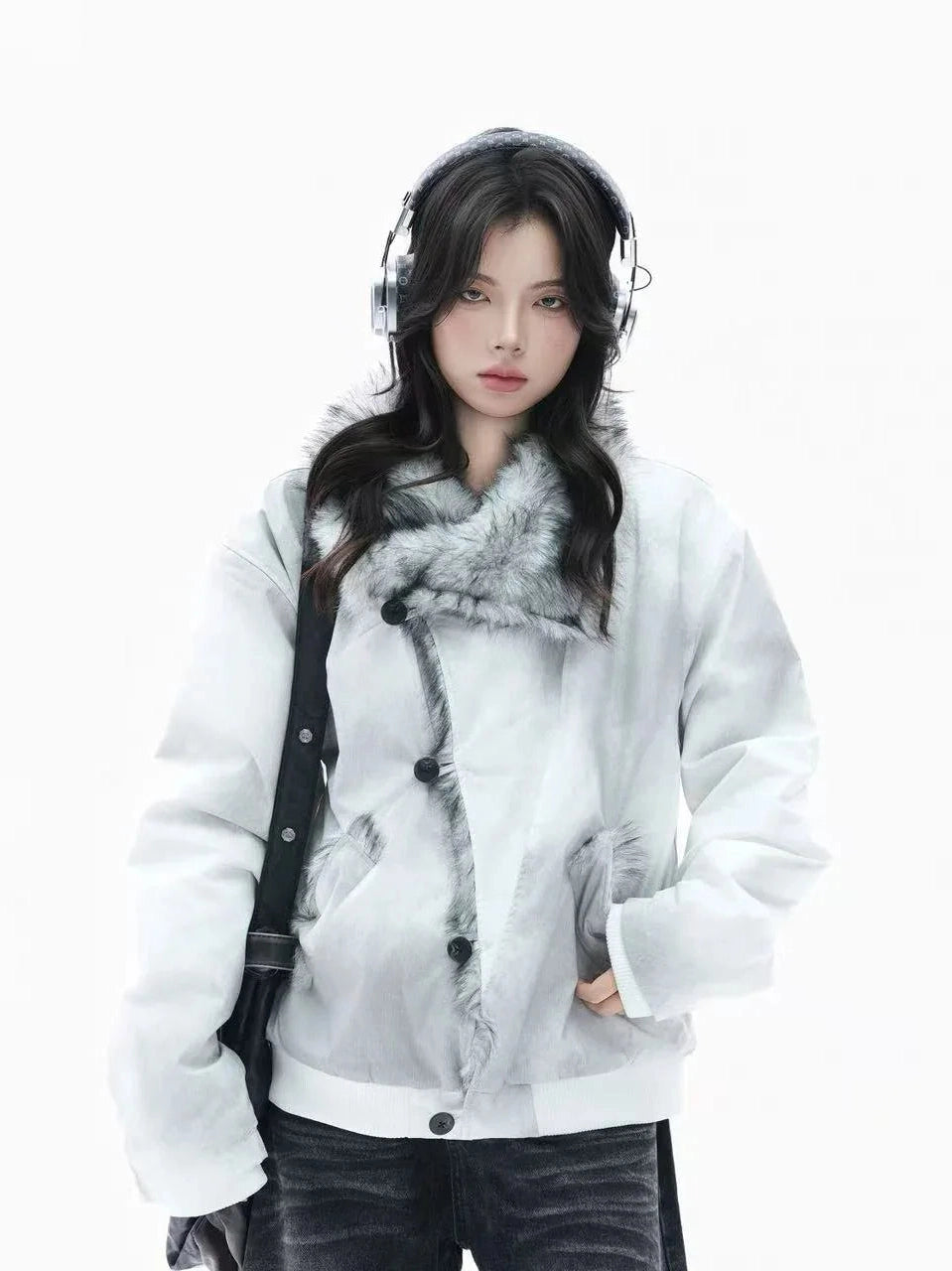 Asymmetric Button Dyed Puffer Jacket   f0386