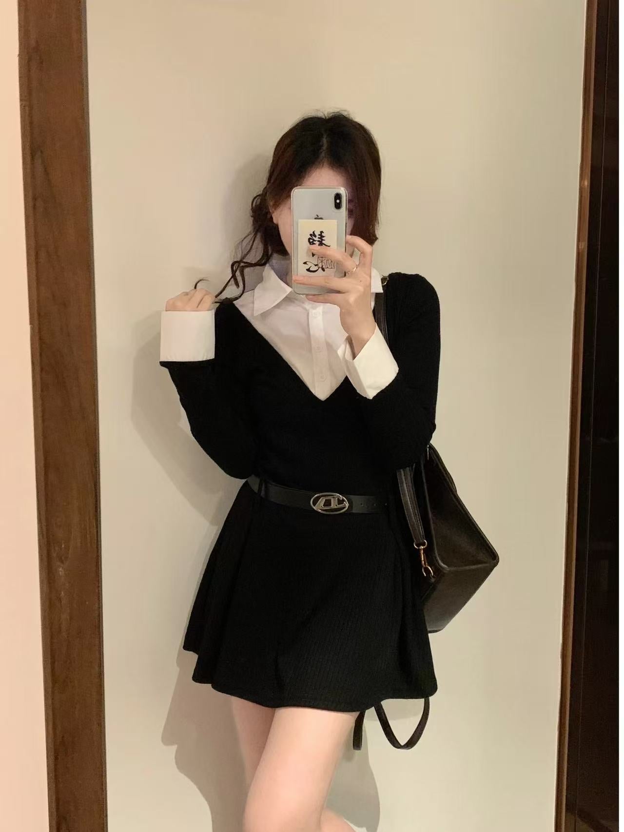 crushpeach legally blonde 2 in 1 black knitted mini dress with belt