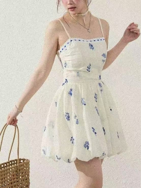 Blue Celadon Embroidered Flower Pod MINI  Dress