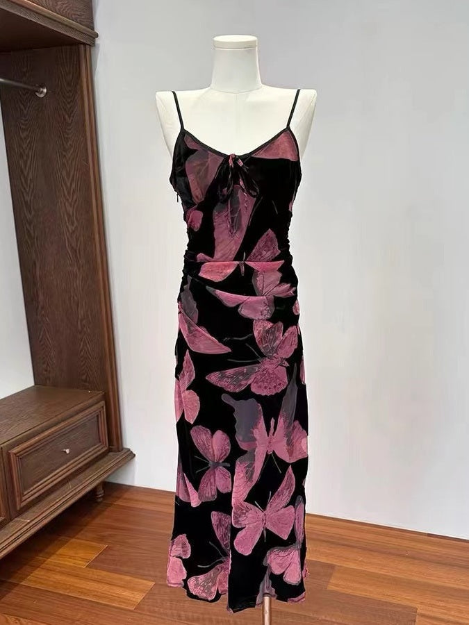 CRUSHPEACH Mesh Purple Butterfly Print Halter Dress-LONG