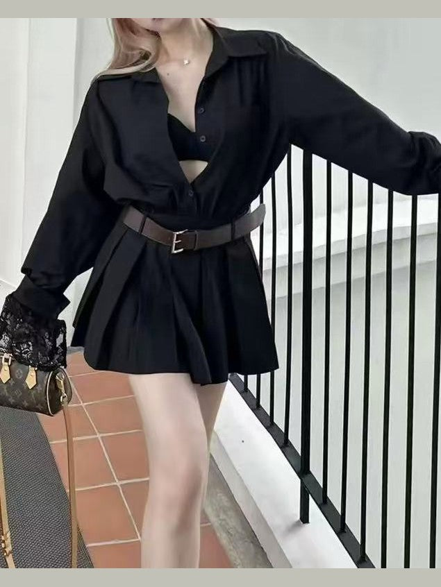 crushpeach Classic versatile shirt-style BLACK pleated mini dress-with belt