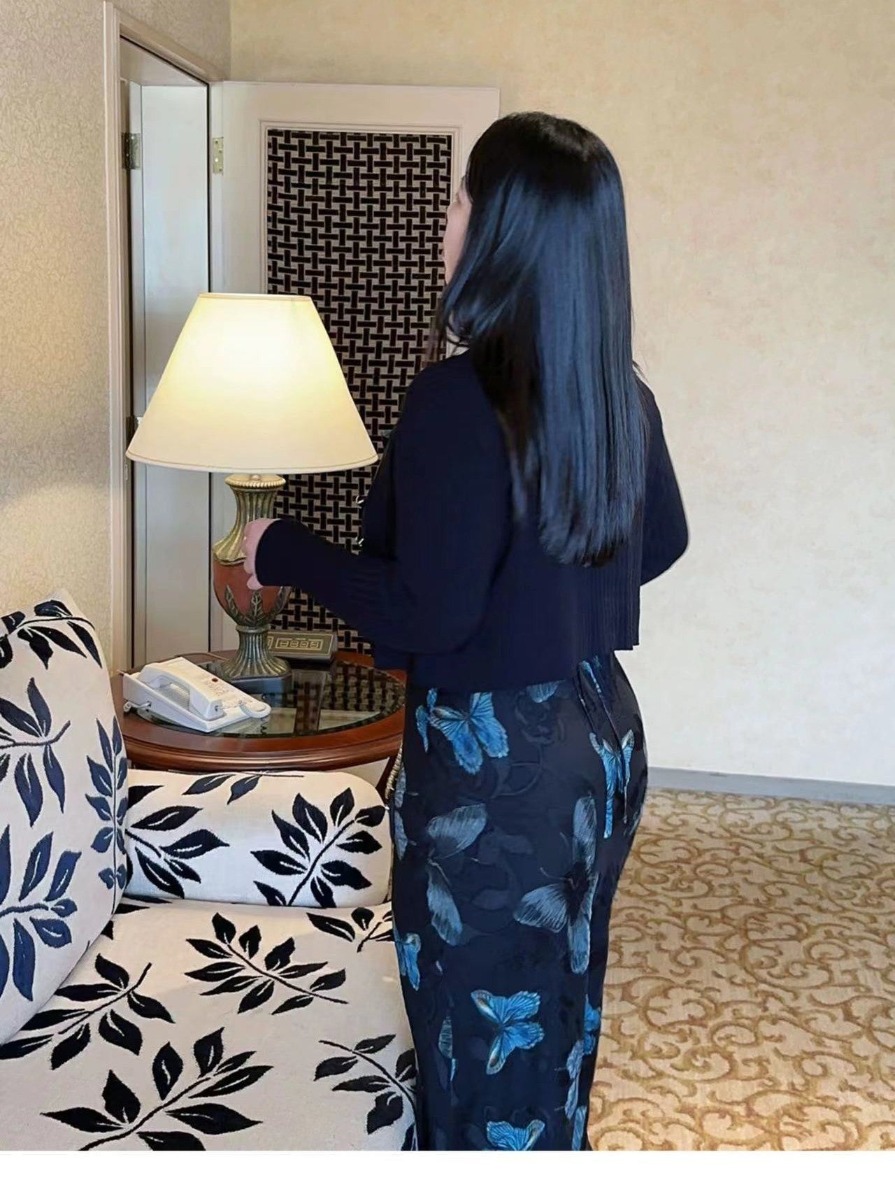 CRUSHPEACH vintage Blue Butterfly Vase Swing Neck Halter Dress