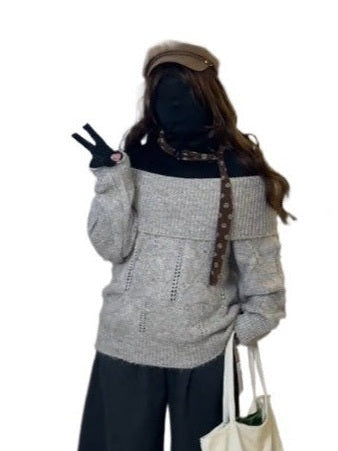 One-word shoulder knitted sweater off-the-shoulder sweater f0306