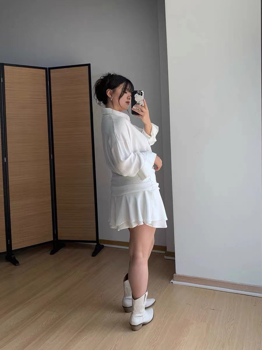 CRUSHPEACH Miss Soda OL Style Blouse White Dress-LONG SLEEVE