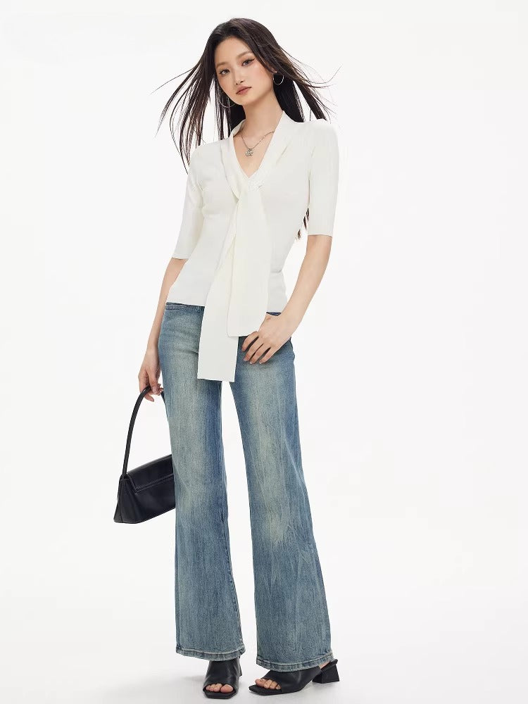 Ribbon design half-sleeve knitted sweater fe0519