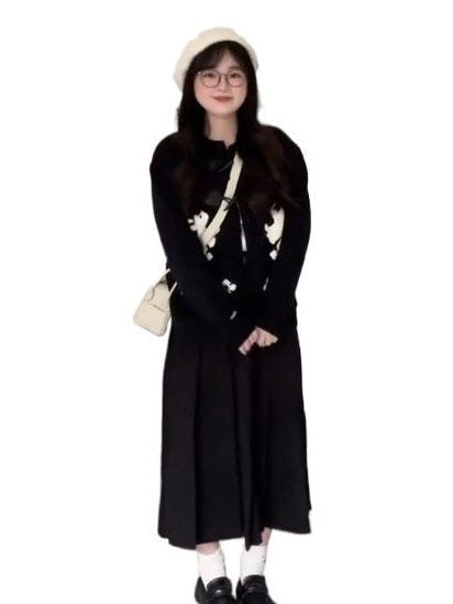 Black retro horn buckle knitted cardigan f0273