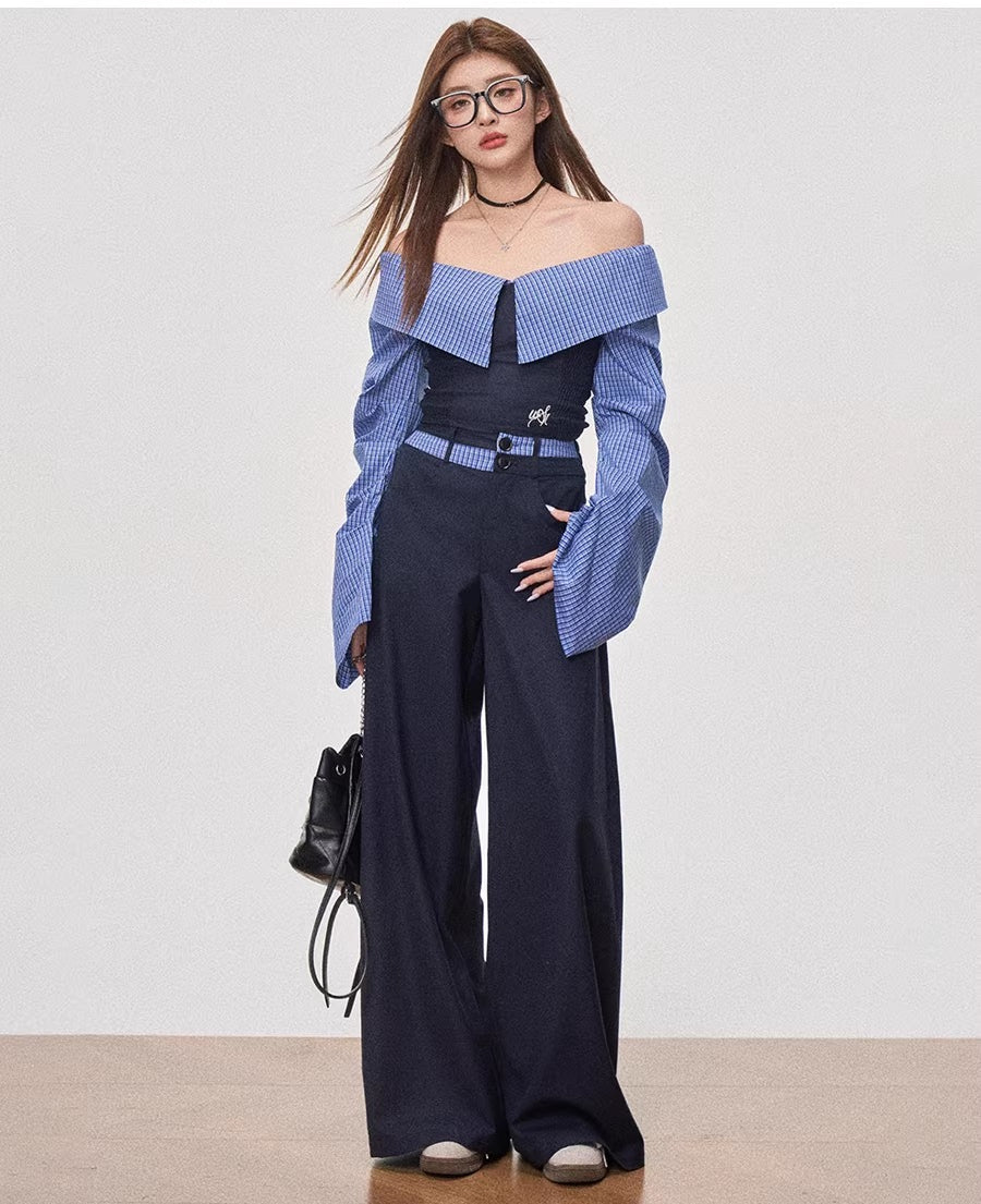 Shoulder striped shirt + wide-leg slacks f0452