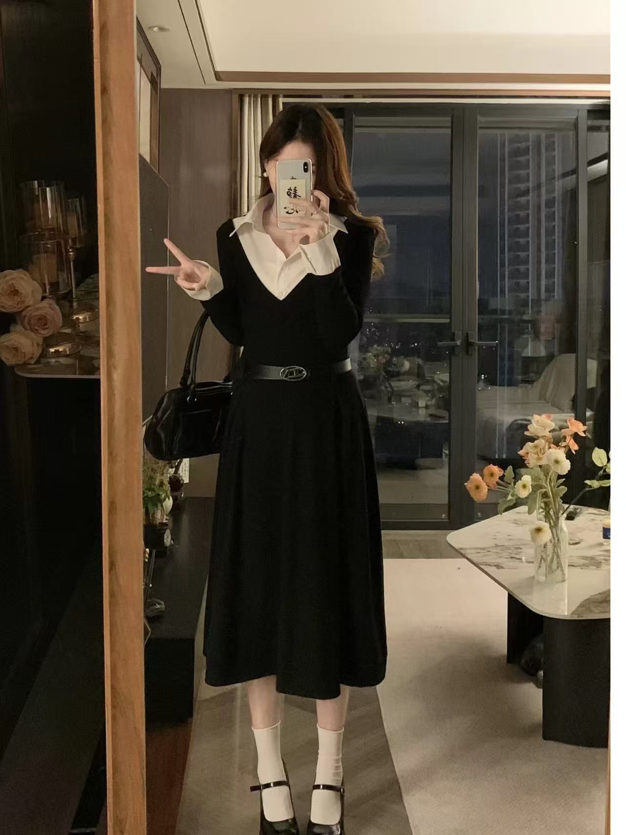 crushpeach legally blonde 2 in 1 black knitted maxi dress with belt