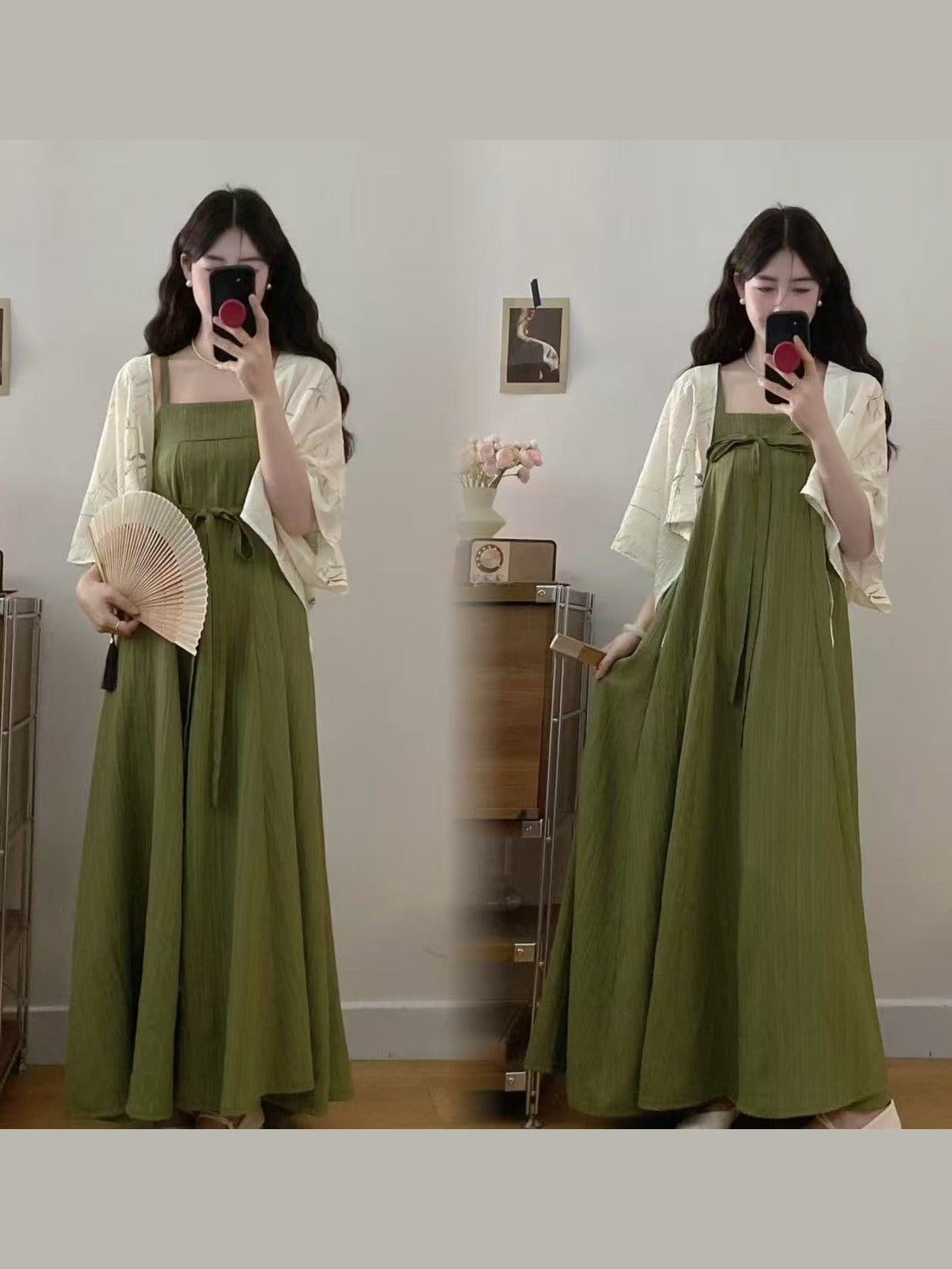 crushpeach Chinoiserie Endless Summer Mori bamboo green dress～2ways