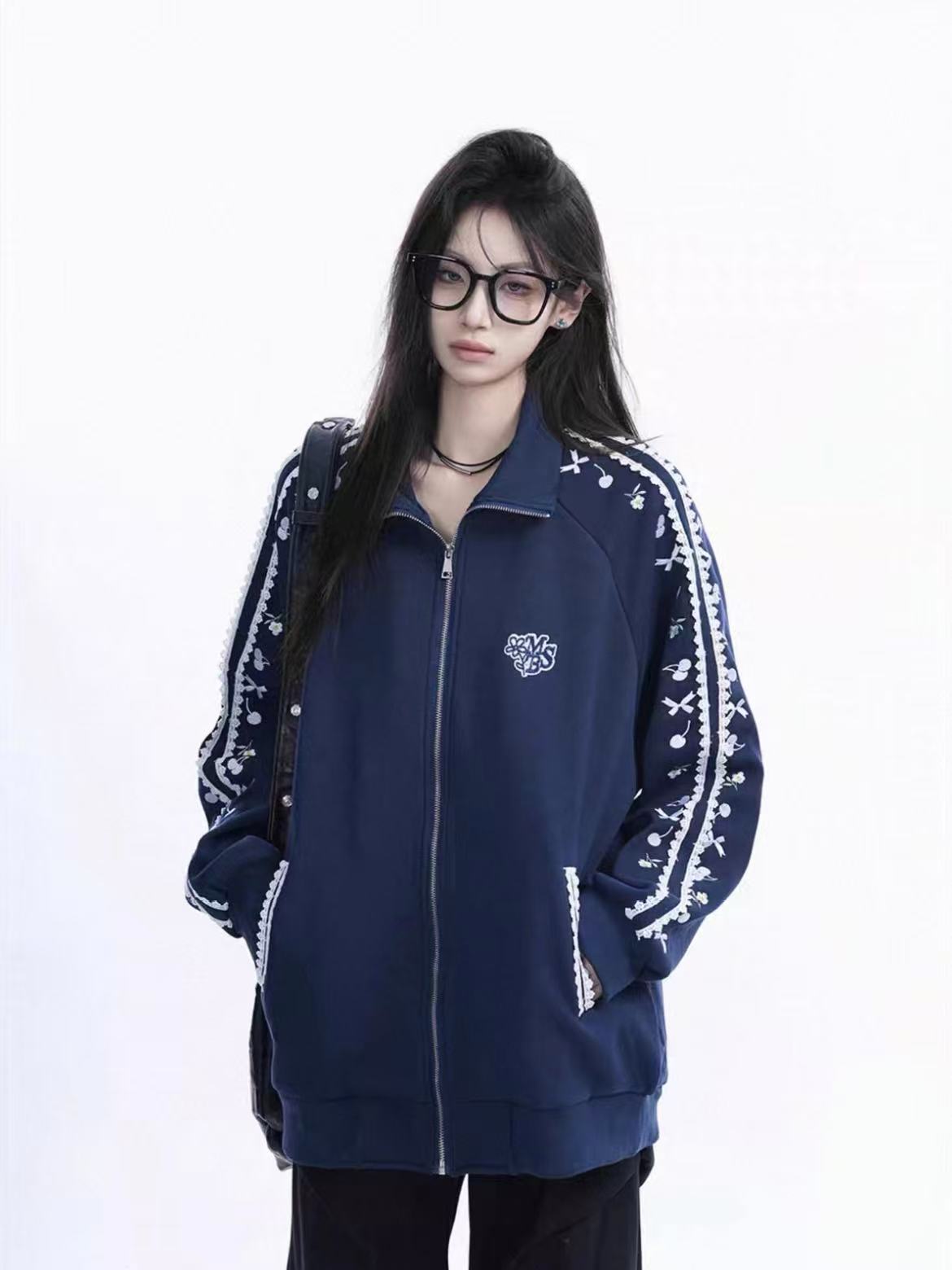 Cherry Bow Embroidered Zip Hoodie  f0375