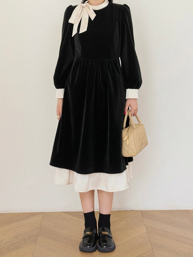 crushpeach Elegant Party Velvet White bow MIDI Dress