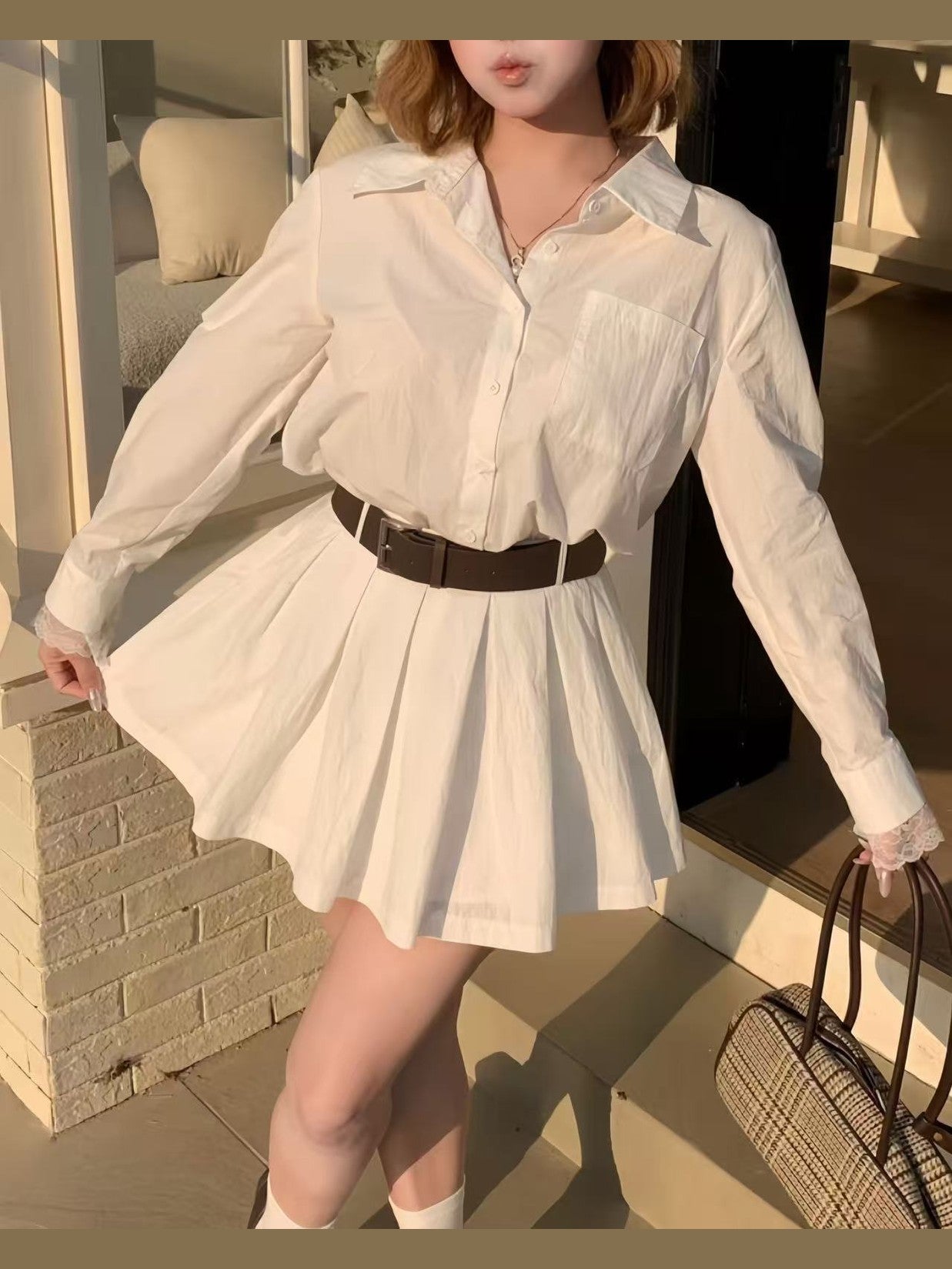 crushpeach Classic versatile WHITE shirt-style pleated mini dress-with belt